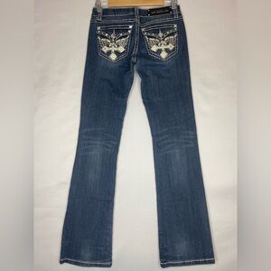Y2K L.A. Idol USA Low-Rise Boot Cut Rhinestone Embroidered Cross Denim Jeans